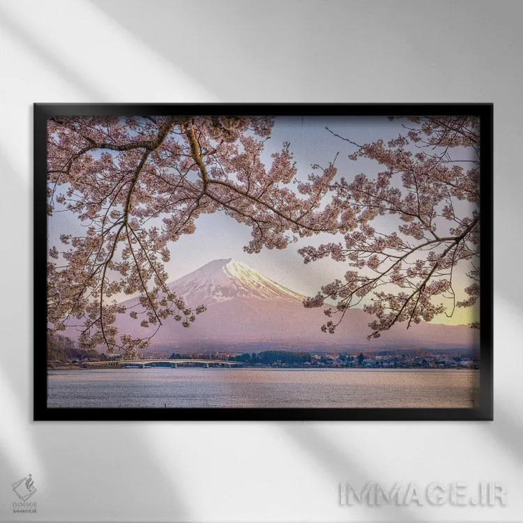 تابلو Lake Kawaguchi I,منظره کوه فوجی از میان درختان شکوفه گیلاس کنار دریاچه کاواگوچی (۱) اثر الکس جی پرز - نمای قابدار مشکی