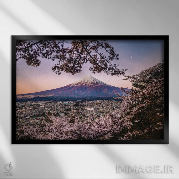 تابلو Lake Kawaguchi III,منظره کوه فوجی از میان درختان شکوفه گیلاس کنار دریاچه کاواگوچی (۳) اثر الکس جی پرز - نمای قابدار مشکی