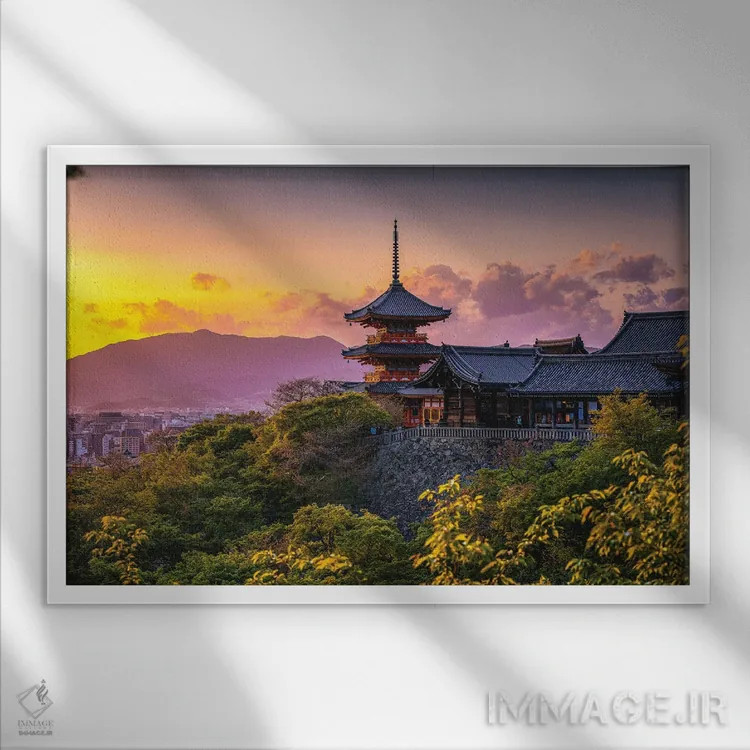 تابلو Japan II,غروب آفتاب در معبد کیومیزو-درا، کیوتو، ژاپن (۲) اثر الکس جی پرز - نمای قابدار سفید