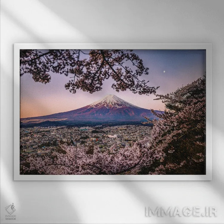 تابلو Lake Kawaguchi III,منظره کوه فوجی از میان درختان شکوفه گیلاس کنار دریاچه کاواگوچی (۳) اثر الکس جی پرز - نمای قابدار سفید