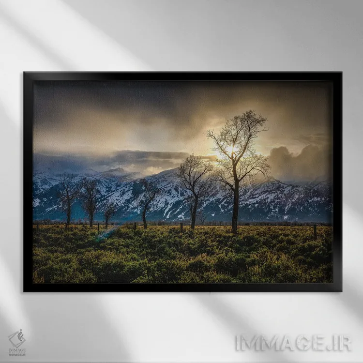 تابلو درختان هنگام غروب گرند تیتون اثر الکس جی پرز - نمای قابدار مشکی
