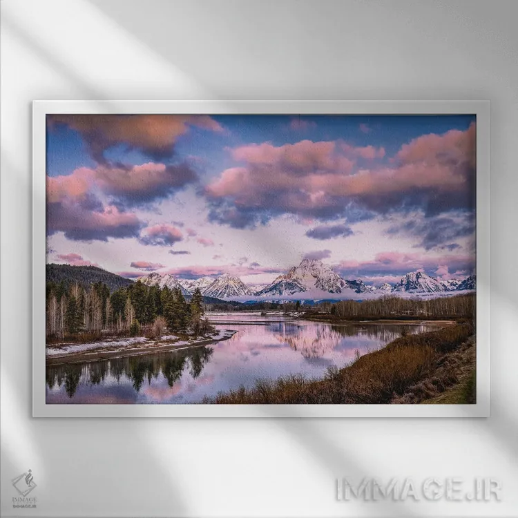 تابلو منظرهٔ بازتاب طلوع آفتاب گرند تیتون اثر الکس جی پرز - نمای قابدار سفید