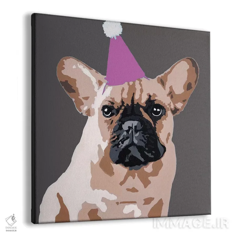 تابلو میلو روی خاکستری تیره با کلاه مهمانی صورتی اثر جولی احمد - نمای پرسپکتیو محصول