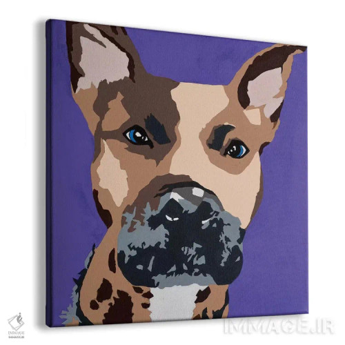 تابلو پرینس سگ پیت بول روی زمینه بنفش اثر جولی احمد - نمای پرسپکتیو محصول