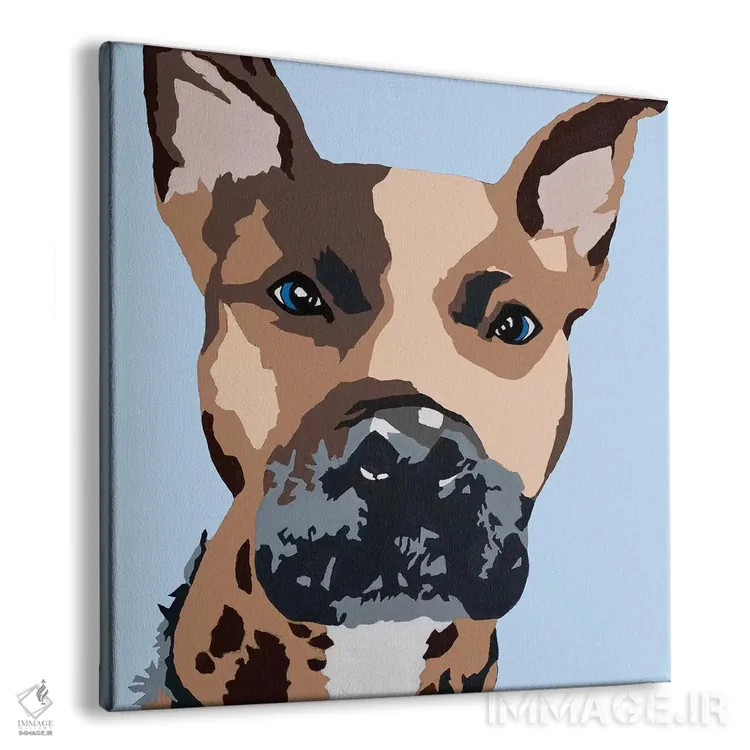 تابلو پرینس سگ پیت بول روی زمینه آبی روشن (اسم سگ) اثر جولی احمد - نمای پرسپکتیو محصول