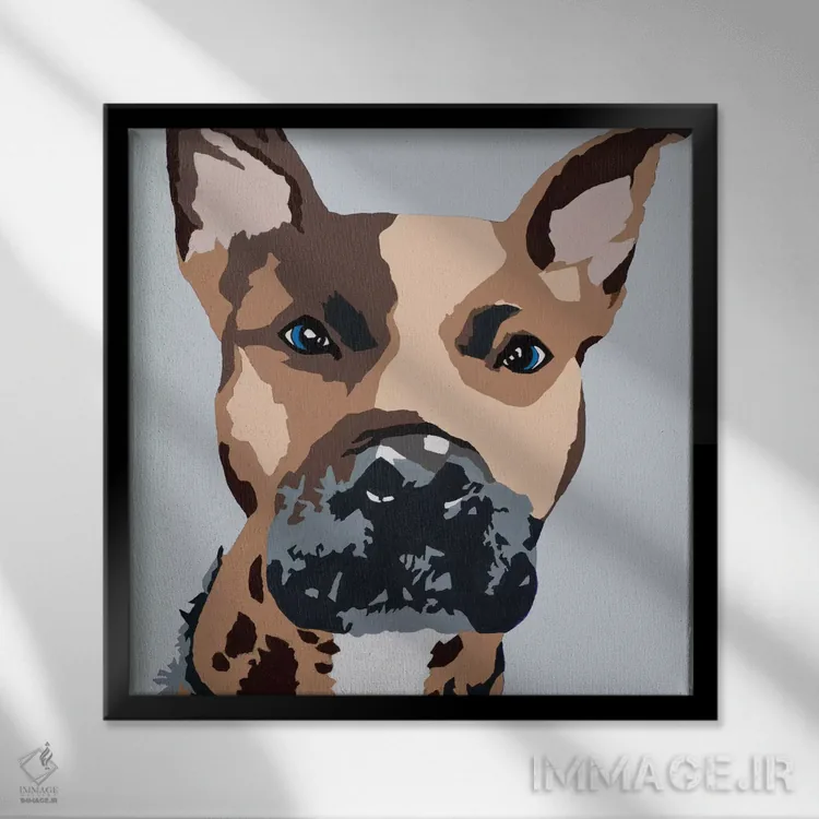 تابلو پرینس سگ پیت بول روی زمینه خاکستری (اسم سگ) اثر جولی احمد - نمای قابدار مشکی