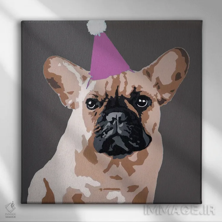 تابلو میلو روی خاکستری تیره با کلاه مهمانی صورتی اثر جولی احمد - نمای روبهرو روی دیوار