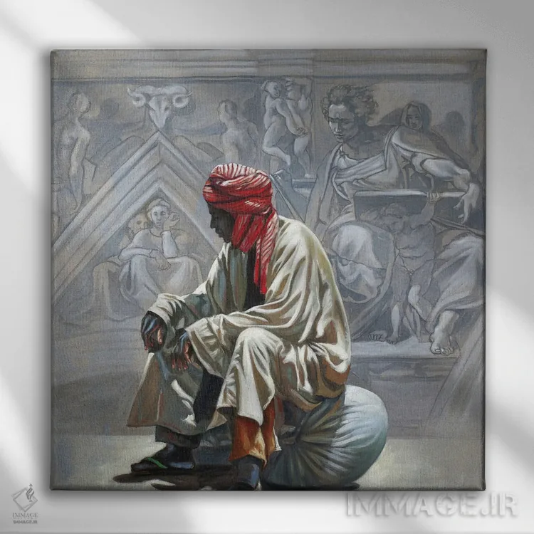تابلو انتظار فضایی - کانچتو اسپاتسیاله یکم (عنوان هنری ایتالیایی) اثر علی حسون - نمای روبهرو روی دیوار