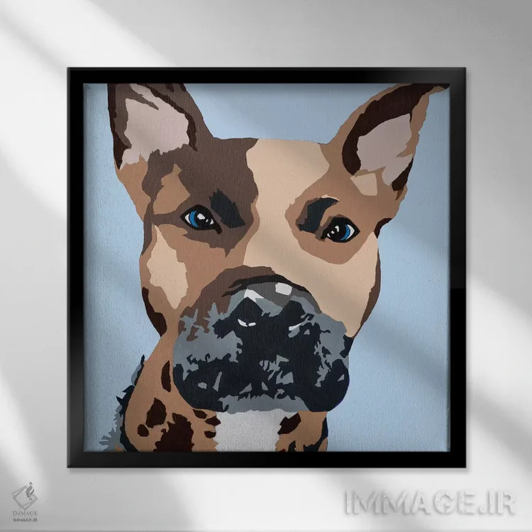 تابلو پرینس سگ پیت بول روی زمینه آبی روشن (اسم سگ) اثر جولی احمد - نمای قابدار مشکی