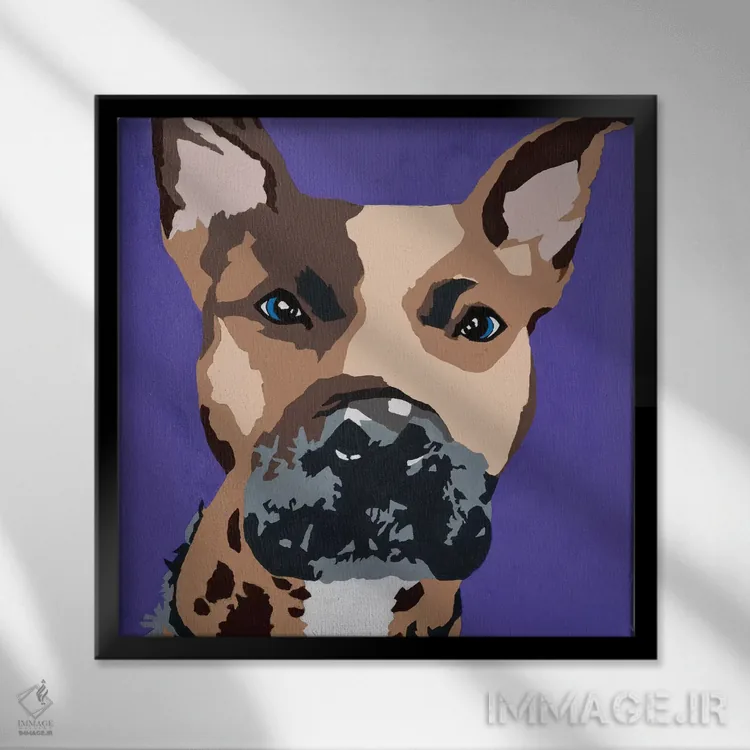تابلو پرینس سگ پیت بول روی زمینه بنفش اثر جولی احمد - نمای قابدار مشکی
