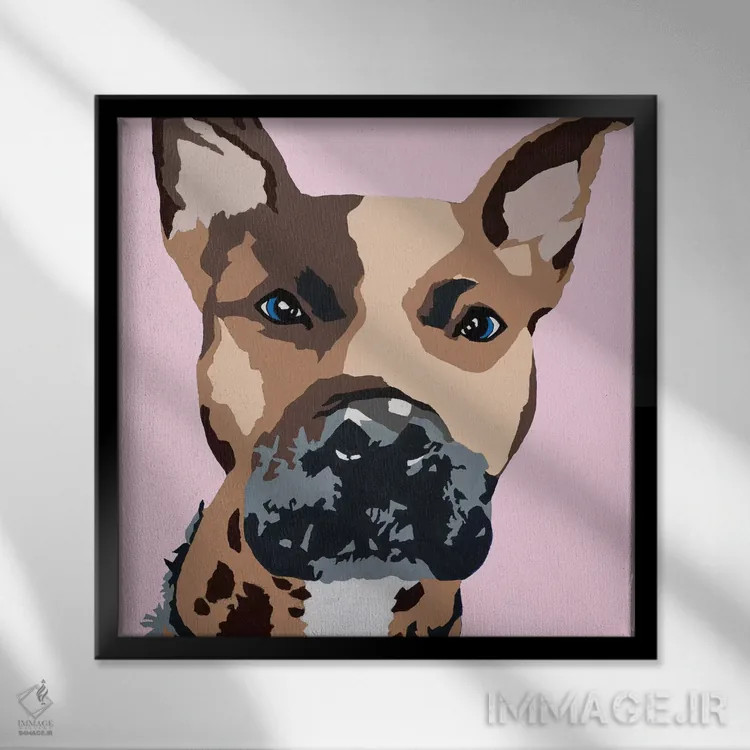 تابلو پرینس سگ پیت بول روی زمینه صورتی اثر جولی احمد - نمای قابدار مشکی