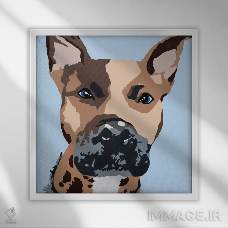 تابلو پرینس سگ پیت بول روی زمینه آبی روشن (اسم سگ) اثر جولی احمد - نمای قابدار سفید