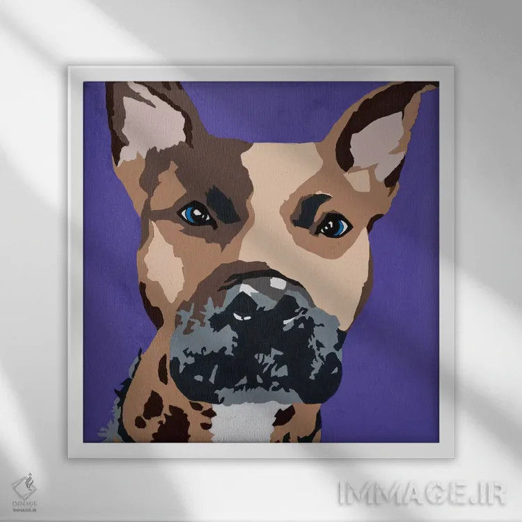 تابلو پرینس سگ پیت بول روی زمینه بنفش اثر جولی احمد - نمای قابدار سفید
