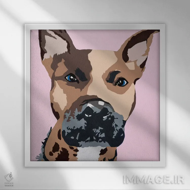 تابلو پرینس سگ پیت بول روی زمینه صورتی اثر جولی احمد - نمای قابدار سفید