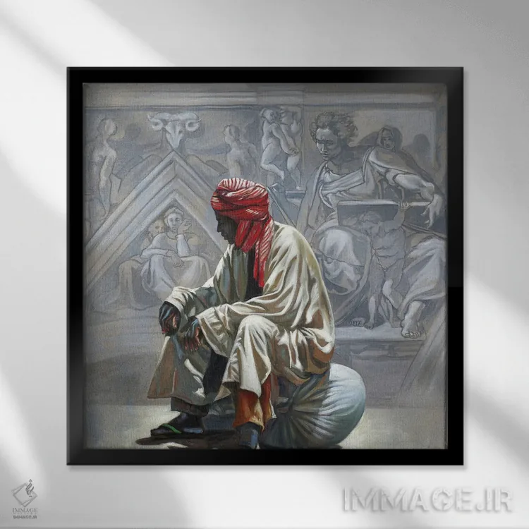 تابلو انتظار فضایی - کانچتو اسپاتسیاله یکم (عنوان هنری ایتالیایی) اثر علی حسون - نمای قابدار مشکی