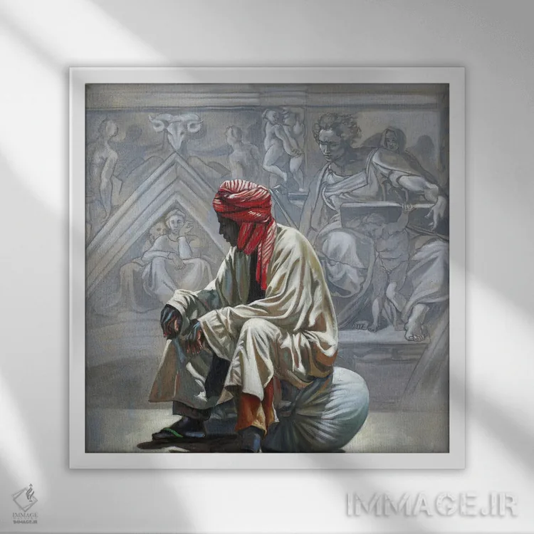 تابلو انتظار فضایی - کانچتو اسپاتسیاله یکم (عنوان هنری ایتالیایی) اثر علی حسون - نمای قابدار سفید