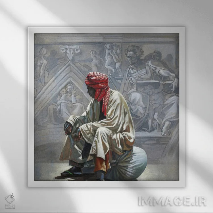 تابلو انتظار فضایی - کانچتو اسپاتسیاله یکم (عنوان هنری ایتالیایی) اثر علی حسون - نمای قابدار سفید