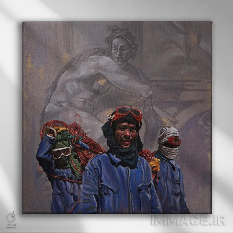 تابلو کارگران فولاد اثر علی حسون - نمای روبهرو روی دیوار