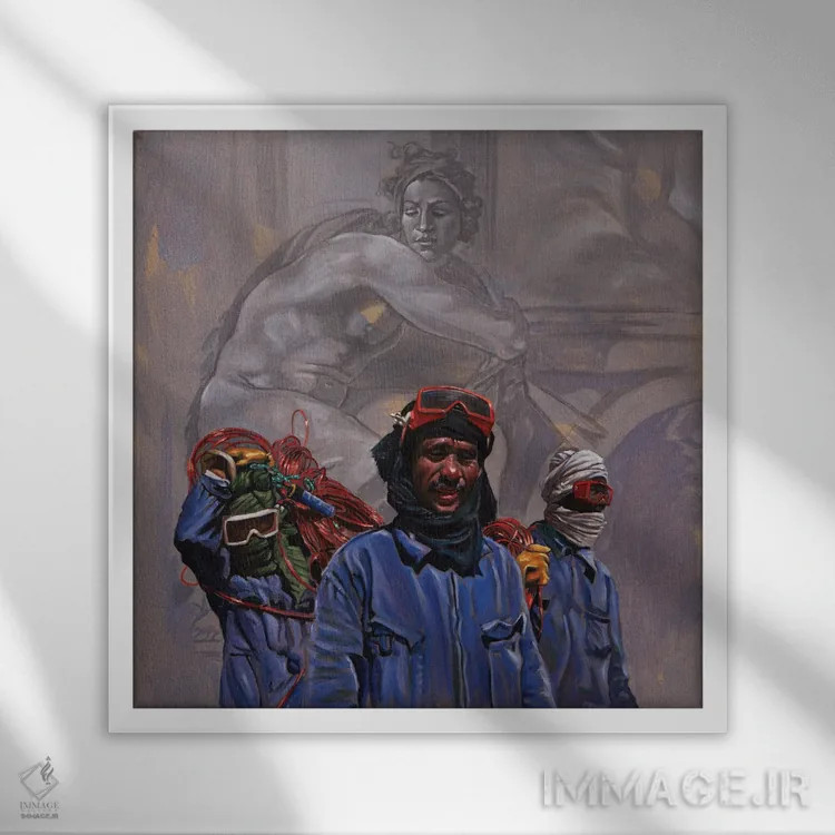تابلو کارگران فولاد اثر علی حسون - نمای قابدار سفید