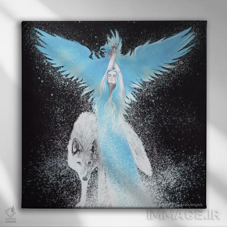 تابلو ققنوس آبی اثر آندریا هرنیاک - نمای روبهرو روی دیوار