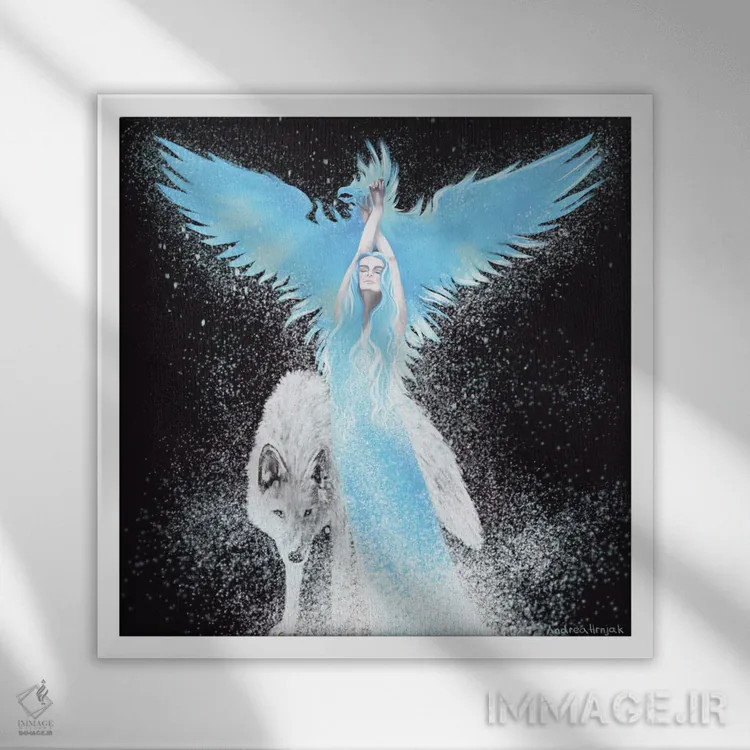 تابلو ققنوس آبی اثر آندریا هرنیاک - نمای قابدار سفید