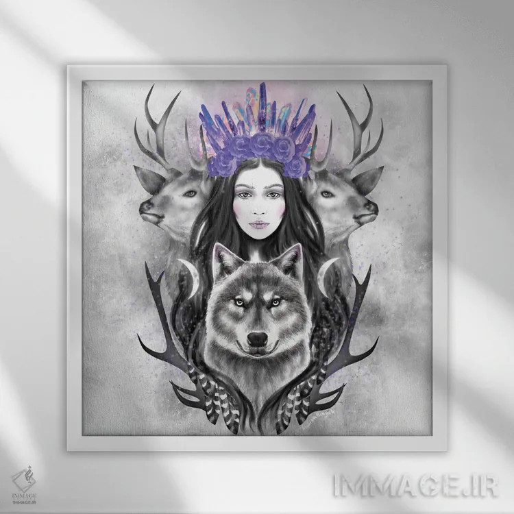 تابلو شکارچی زن اثر آندریا هرنیاک - نمای قابدار سفید