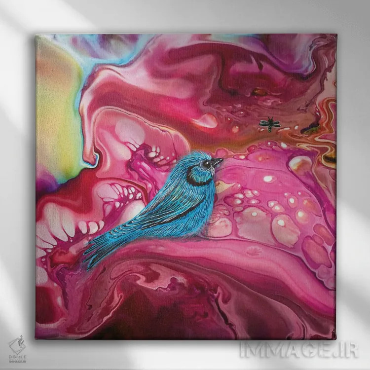 تابلو پرنده آبی در میان سرخابیها اثر آن هاچینسون - نمای روبهرو روی دیوار