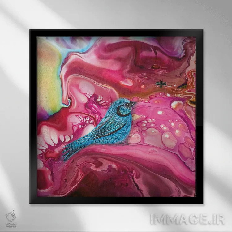 تابلو پرنده آبی در میان سرخابیها اثر آن هاچینسون - نمای قابدار مشکی