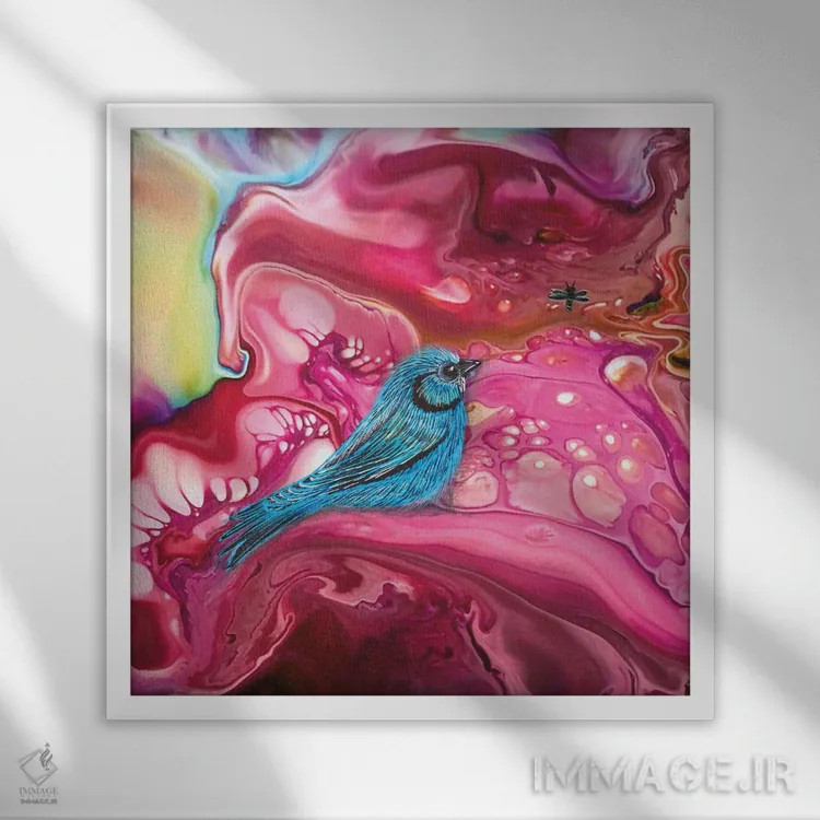 تابلو پرنده آبی در میان سرخابیها اثر آن هاچینسون - نمای قابدار سفید