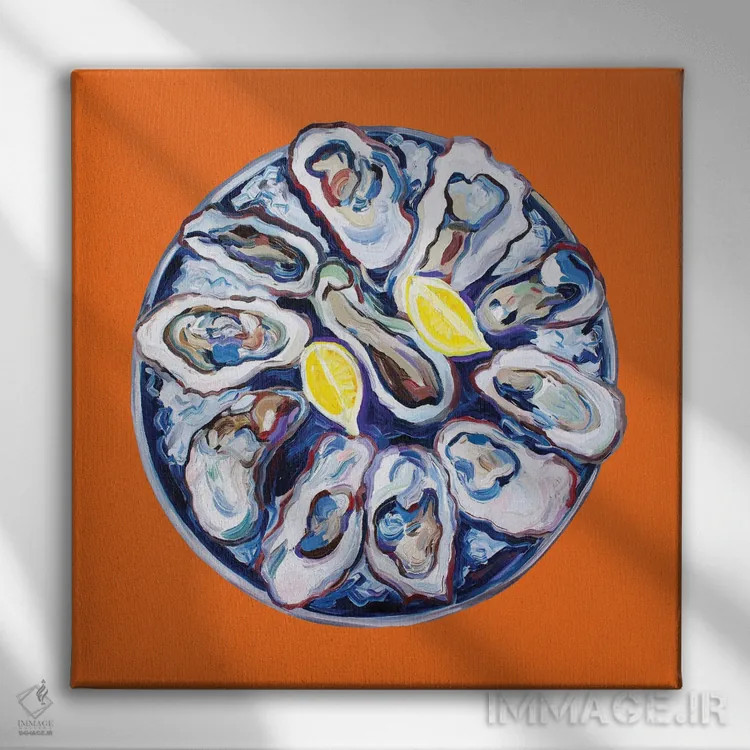 تابلو صدف روی بشقاب نارنجی اثر آلیس استراکر - نمای روبهرو روی دیوار