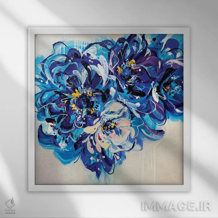 تابلو گلهای آبی اثر آنا چر - نمای قابدار سفید