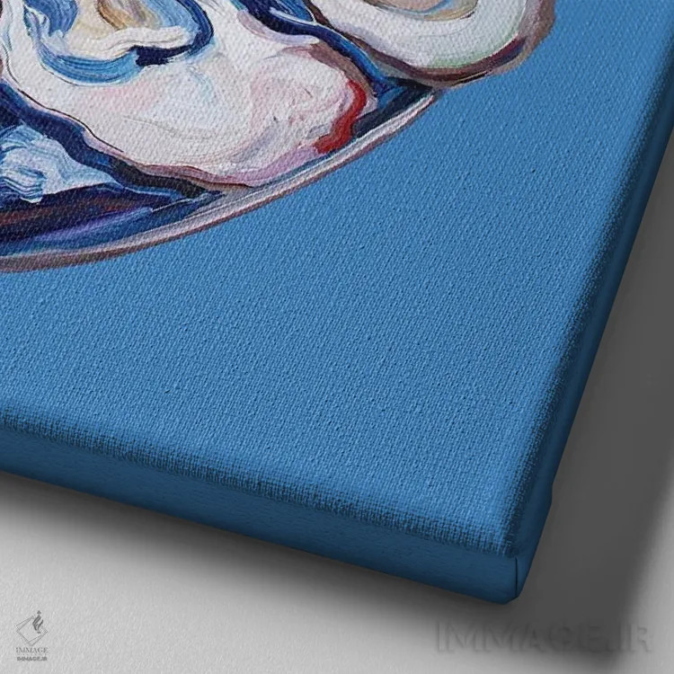 تابلو صدف روی بشقاب آبی اثر آلیس استراکر - نمای نزدیک بافت بوم