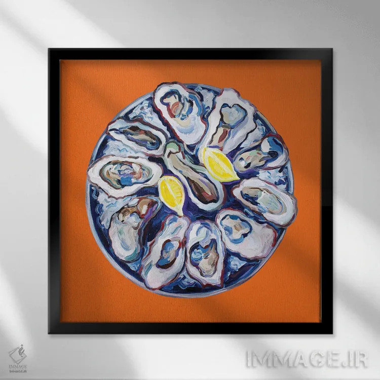 تابلو صدف روی بشقاب نارنجی اثر آلیس استراکر - نمای قابدار مشکی