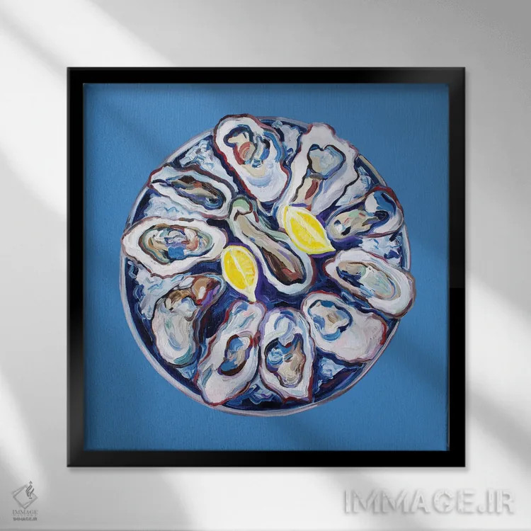 تابلو صدف روی بشقاب آبی اثر آلیس استراکر - نمای قابدار مشکی