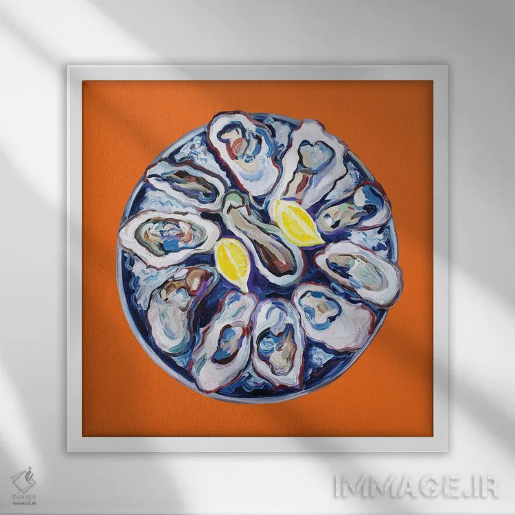 تابلو صدف روی بشقاب نارنجی اثر آلیس استراکر - نمای قابدار سفید