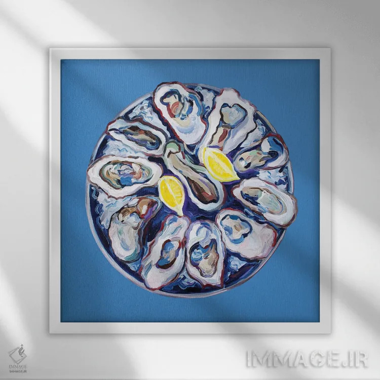 تابلو صدف روی بشقاب آبی اثر آلیس استراکر - نمای قابدار سفید