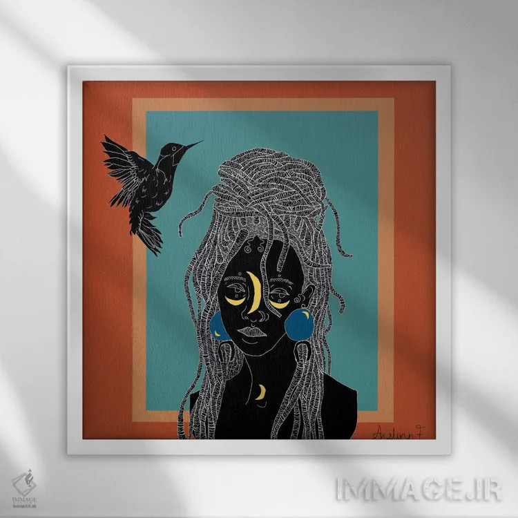 تابلو پرندهٔ در قفس اثر آیسلین اف - نمای قابدار سفید