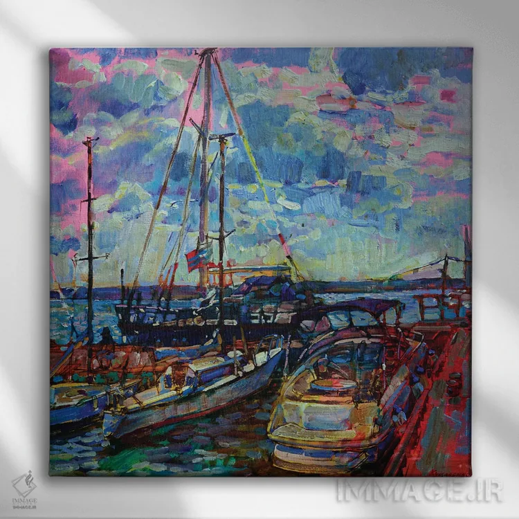 تابلو منظرهٔ دریایی با قایقهای بادبانی اثر اندریی کوتساچنکو - نمای روبهرو روی دیوار