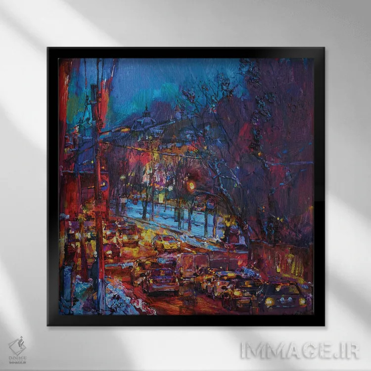 تابلو منظرهٔ شب زمستانی شهر اثر اندریی کوتساچنکو - نمای قابدار مشکی