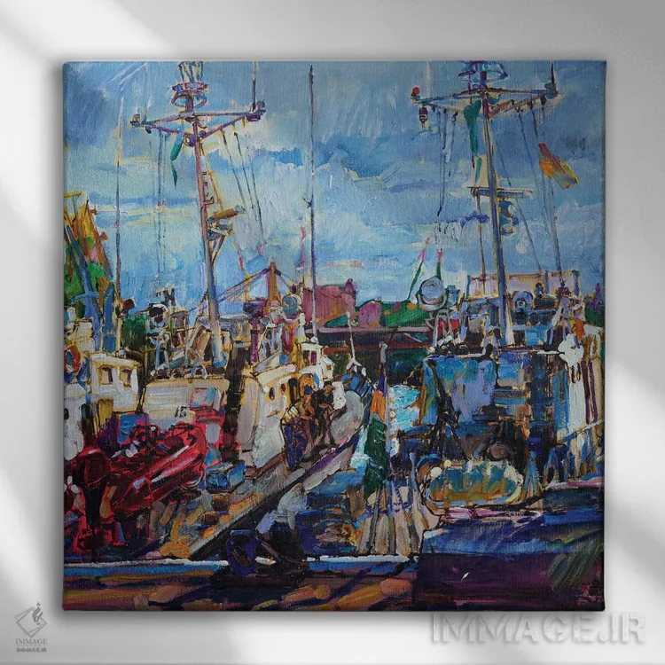 تابلو قایقها در زیر نور خورشید اثر اندریی کوتساچنکو - نمای روبهرو روی دیوار