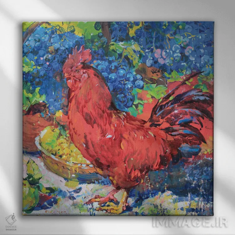 تابلو خروس با پسزمینهٔ انگورها اثر اندریی کوتساچنکو - نمای روبهرو روی دیوار