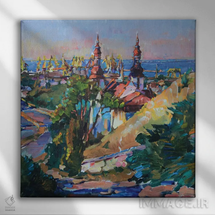 تابلو شهر نزدیک دریا اثر اندریی کوتساچنکو - نمای روبهرو روی دیوار