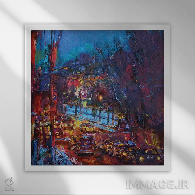 تابلو منظرهٔ شب زمستانی شهر اثر اندریی کوتساچنکو - نمای قابدار سفید