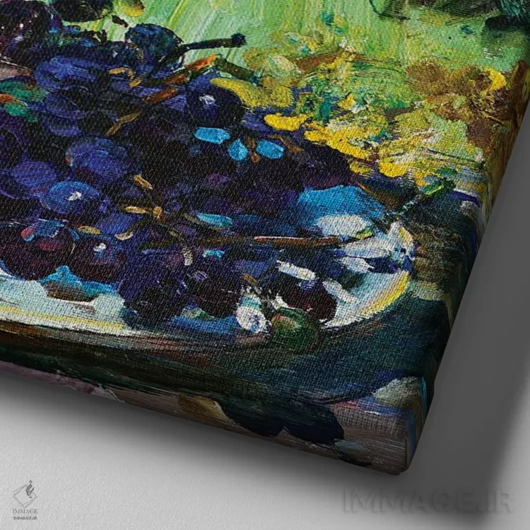 تابلو طبیعت بیجان با گلها و انگور اثر اندریی کوتساچنکو - نمای نزدیک بافت بوم