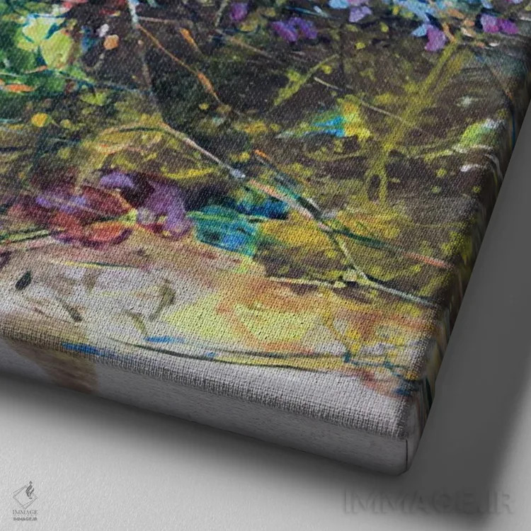 تابلو طبیعت بیجان با گلهای همیشهبهار اثر اندریی کوتساچنکو - نمای نزدیک بافت بوم