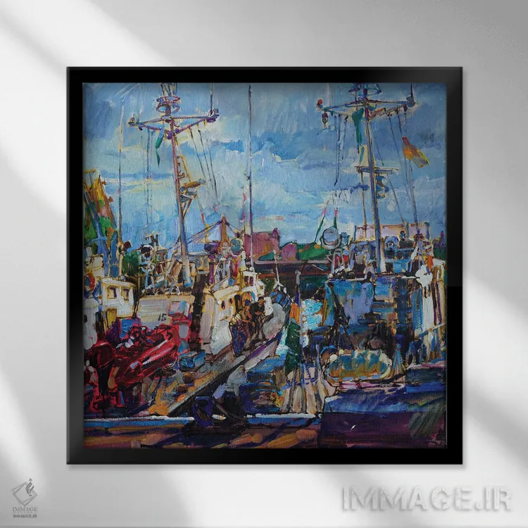 تابلو قایقها در زیر نور خورشید اثر اندریی کوتساچنکو - نمای قابدار مشکی