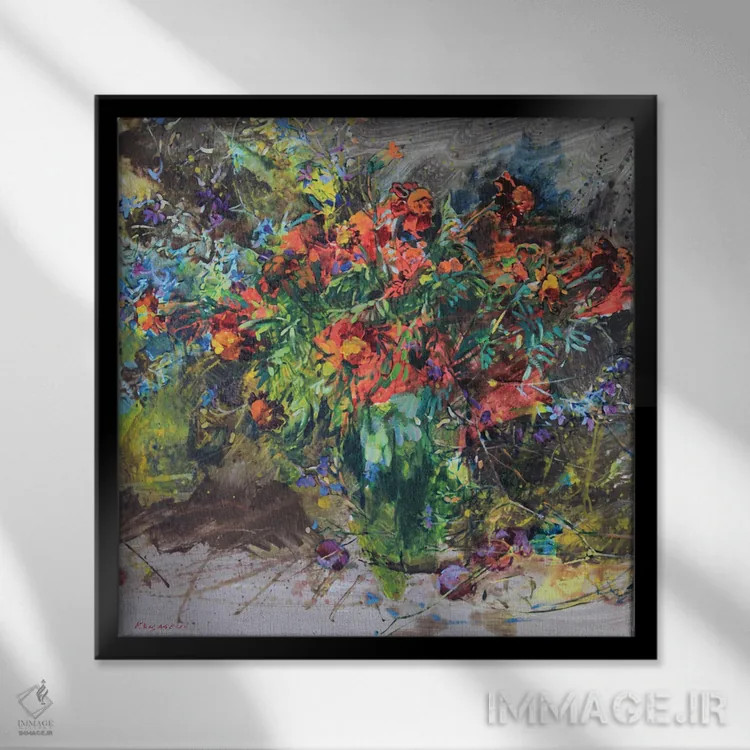 تابلو طبیعت بیجان با گلهای همیشهبهار اثر اندریی کوتساچنکو - نمای قابدار مشکی