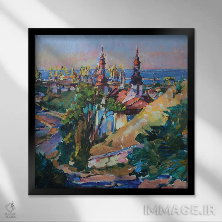 تابلو شهر نزدیک دریا اثر اندریی کوتساچنکو - نمای قابدار مشکی