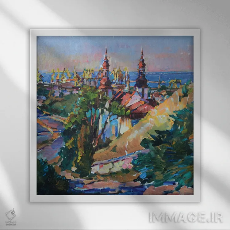 تابلو شهر نزدیک دریا اثر اندریی کوتساچنکو - نمای قابدار سفید