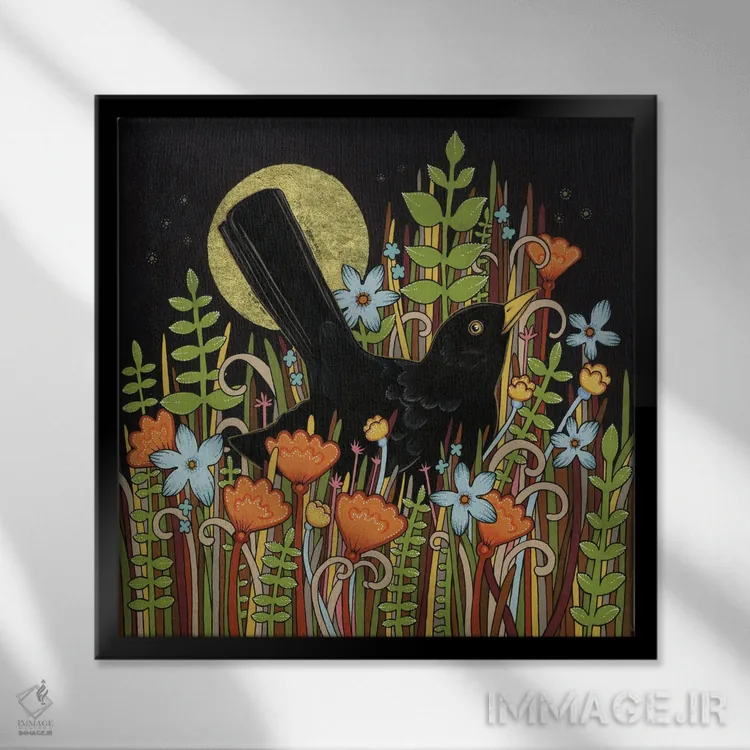 تابلو مرغ سیاهبال (بلکبرد؛ پرنده) اثر آنیتا اینوراریتی - نمای قابدار مشکی